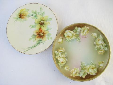 huge lot antique & vintage hand-painted china cake plates, different flowers