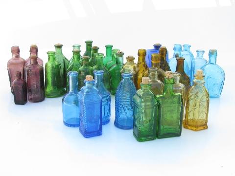huge lot miniature colored glass bottles, vintage reproductions, Wheaton etc.