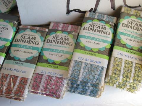 huge lot mod colors retro vintage lace trim, carded trims in display rack