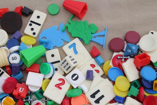 huge lot of assorted vintage game parts - playing pieces, tiles, dice, chips & counters