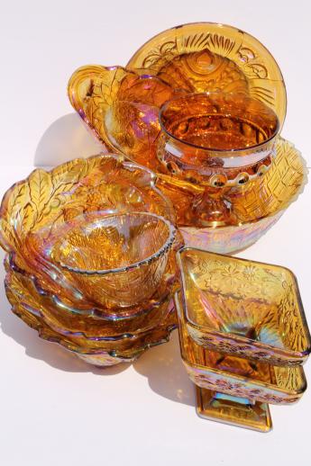 huge lot vintage Indiana carnival glass in gold - bowls, berry dishes, etc.