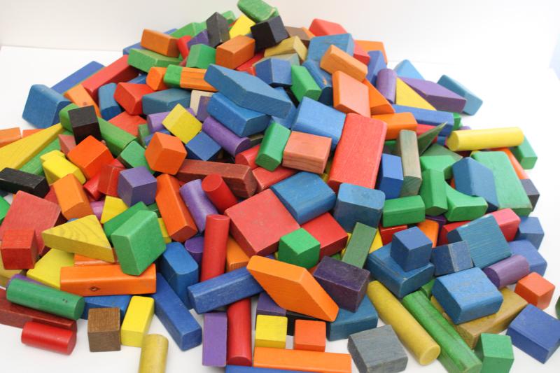 huge lot vintage Playskool wood building blocks, 300 colored wooden blocks