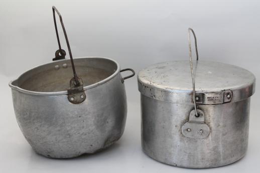 huge lot vintage aluminum pots & pans, camp kitchen cookware for camping, campfire cooking
