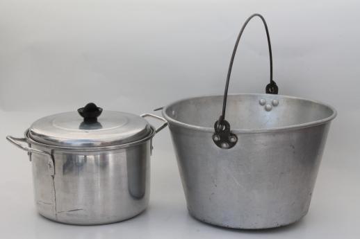 huge lot vintage aluminum pots & pans, camp kitchen cookware for camping, campfire cooking