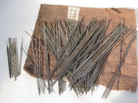 huge lot vintage steel lace knitting needles & crochet hooks, wool bag