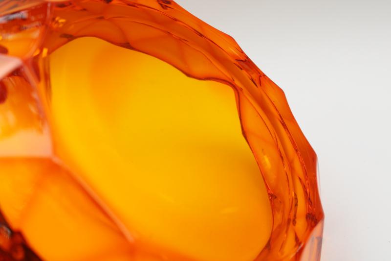 huge mod orange glass ashtray w/ faceted gem shape, 70s vintage Viking glass 