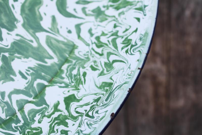 huge old enamelware tray, jade green & white splatter spatter swirl enamel