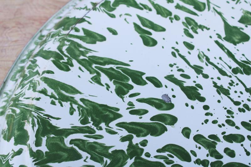 huge old enamelware tray, jade green & white splatter spatter swirl enamel