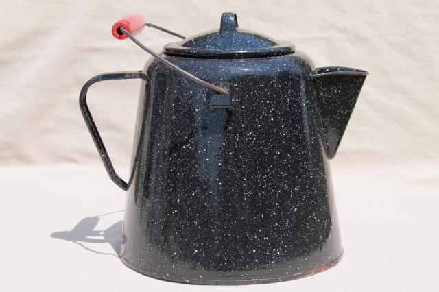 huge old farm kitchen coffee pot, primitive black & white graniteware enamel spatterware