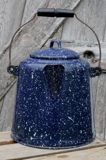 huge old farm kitchen coffee pot, primitive blue & white spatterware enamel