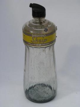 huge old glass ink bottle, vintage Sheaffer's Skrip inks paper label