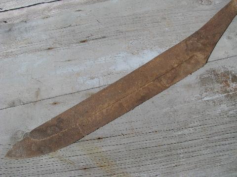 huge old hay knife, long blade for hand-mowing, antique farm primitive tool