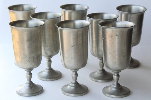 huge old pewter metal goblets, vintage water or wine glasses set of 8