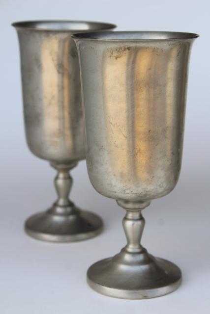 huge old pewter metal goblets, vintage water or wine glasses set of 8