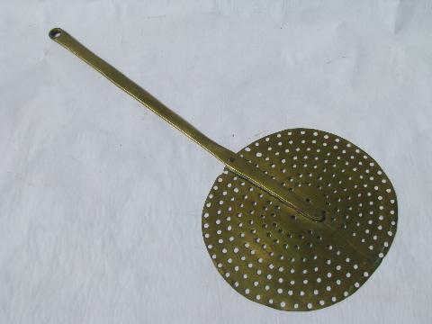 huge old solid brass strainer stirrer spoon, for jelly making