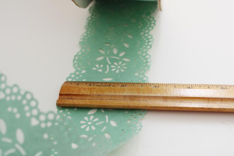 huge roll old stock vintage paper lace ribbon, jadite green doily tape for crafts, decor