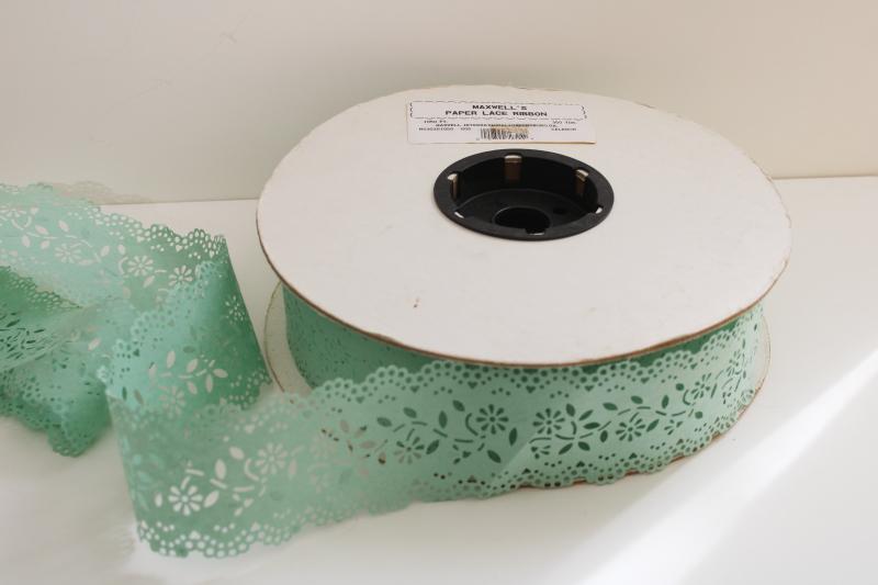 huge roll old stock vintage paper lace ribbon, jadite green doily tape for crafts, decor