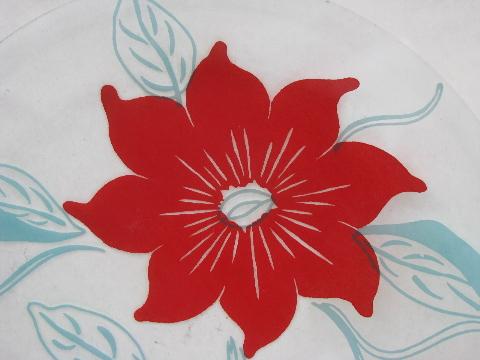 huge round glass platter or plate, retro poppy flowers in red