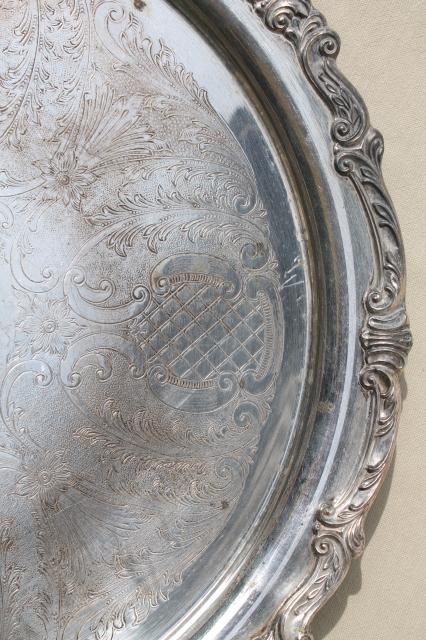 huge round waiter's silverplated tray, vintage silver plate serving tray