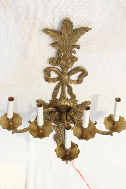 huge solid brass candle sconce electric wall light, vintage hollywood regency french rococo