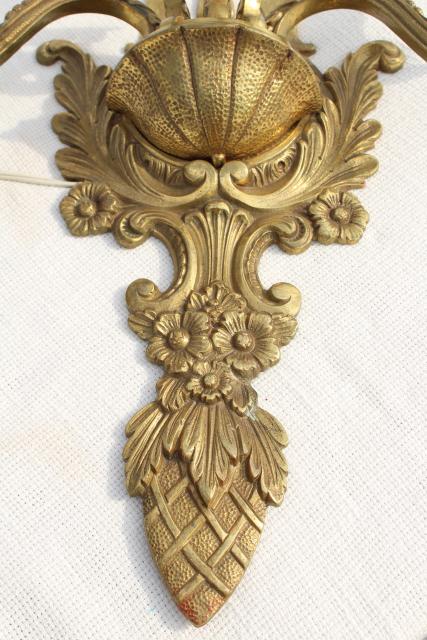 huge solid brass candle sconce electric wall light, vintage hollywood regency french rococo