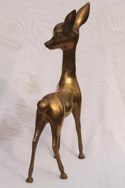 huge solid brass deer statues pair, mid-century mod vintage retro decor