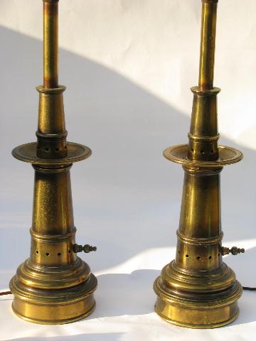 huge solid brass table lamps, retro 1950s vintage Stiffel lamp pair