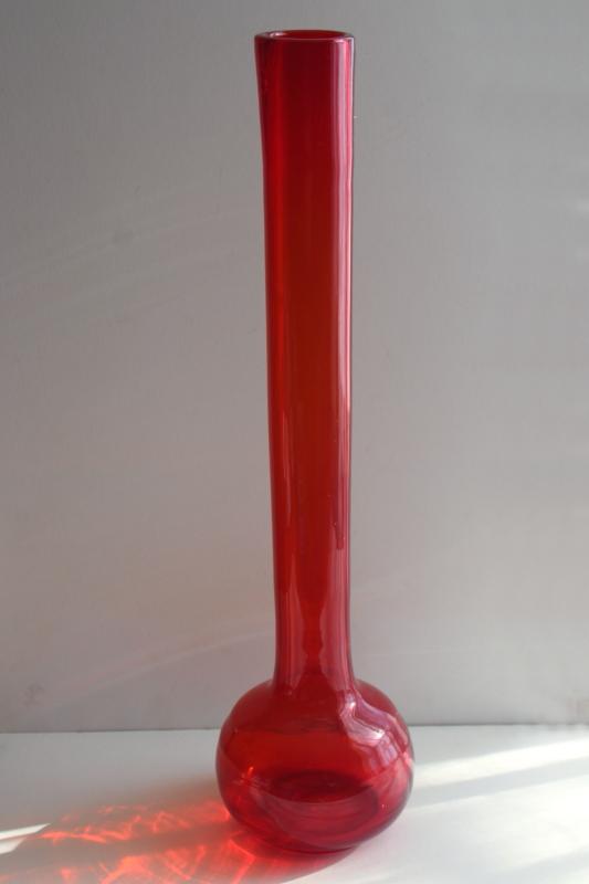 huge tall mod vase in flame orange, 70s vintage hand blown art glass beaker bottle shape