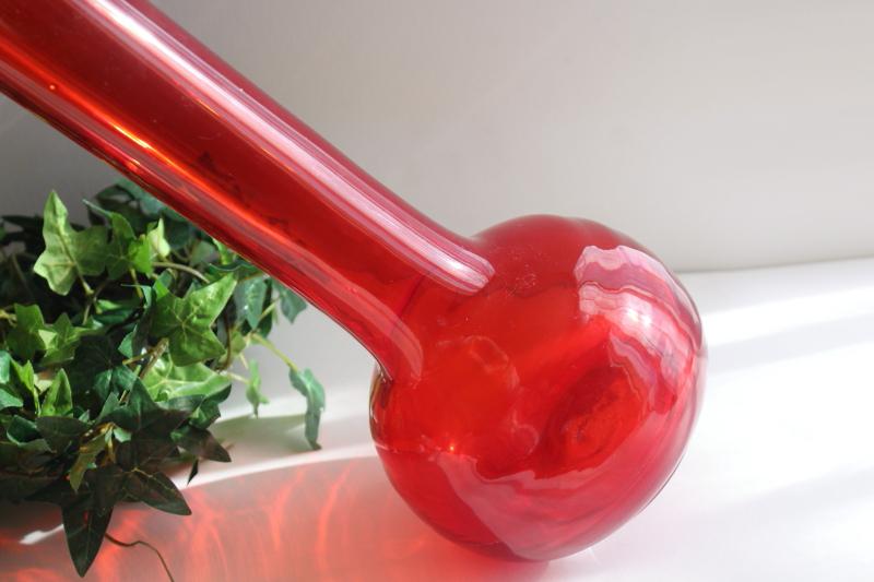 huge tall mod vase in flame orange, 70s vintage hand blown art glass beaker bottle shape