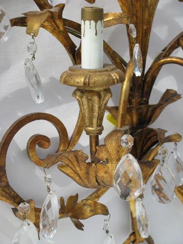 huge vintage Italian tole / glass prisms wall sconce lamp, candelabra candles electric light