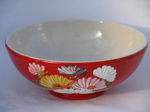 huge vintage Ransburg stoneware pottery crock bowl, hand-painted flowers on orange