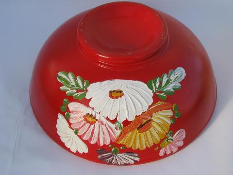 huge vintage Ransburg stoneware pottery crock bowl, hand-painted flowers on orange