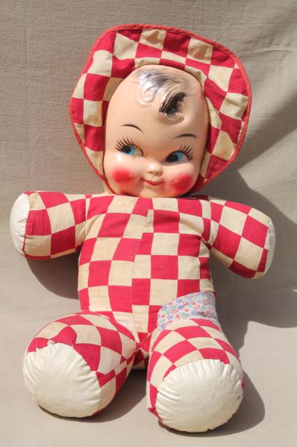 huge vintage baby face doll w/ red & white checked cotton soft body, carnival prize toy