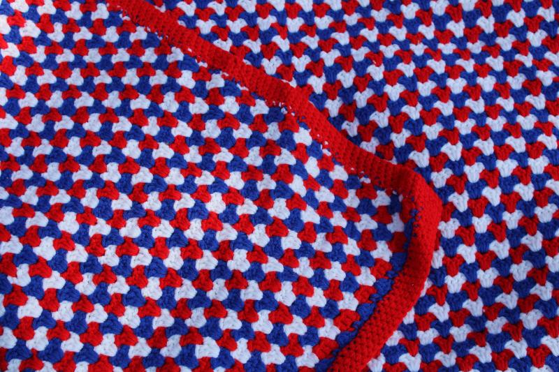 huge vintage crochet afghan blanket, queen king size bedspread red white blue