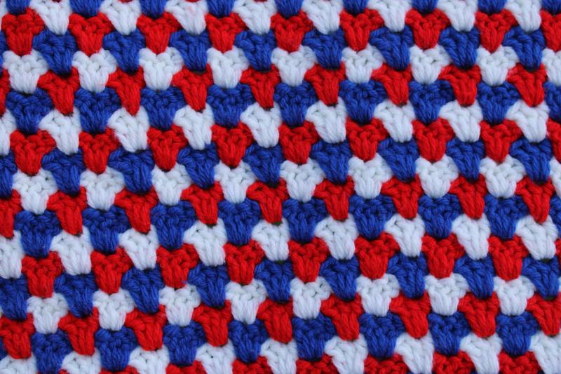 huge vintage crochet afghan blanket, queen king size bedspread red white blue