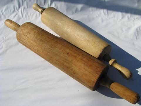 huge vintage wood rolling pin, lot of two wooden pins, antique kitchenware