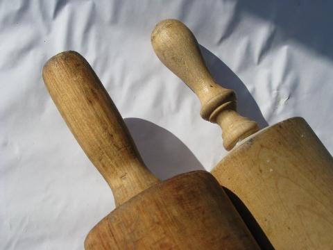huge vintage wood rolling pin, lot of two wooden pins, antique kitchenware
