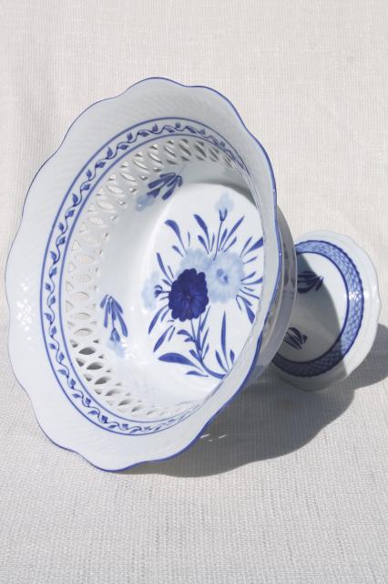 huge white china fruit stand or compote bowl w/ delft style design in blue