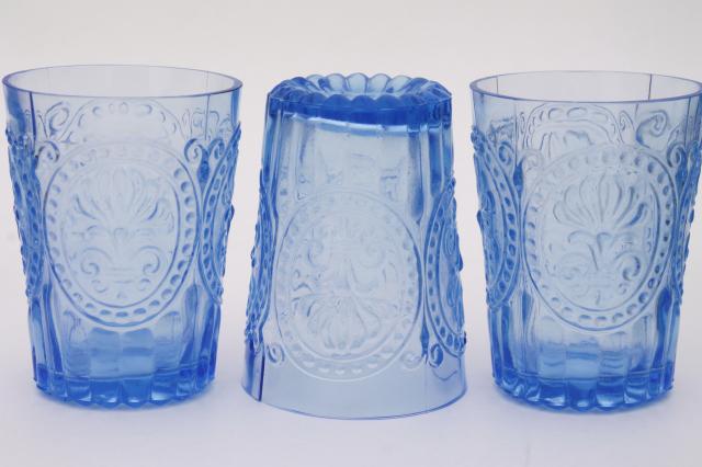 ice blue pressed glass tumblers, embossed pattern glass drinking glasses set of 6
