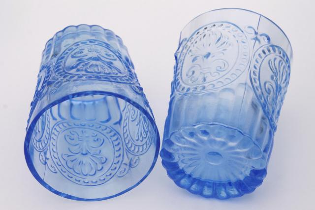 ice blue pressed glass tumblers, embossed pattern glass drinking glasses set of 6
