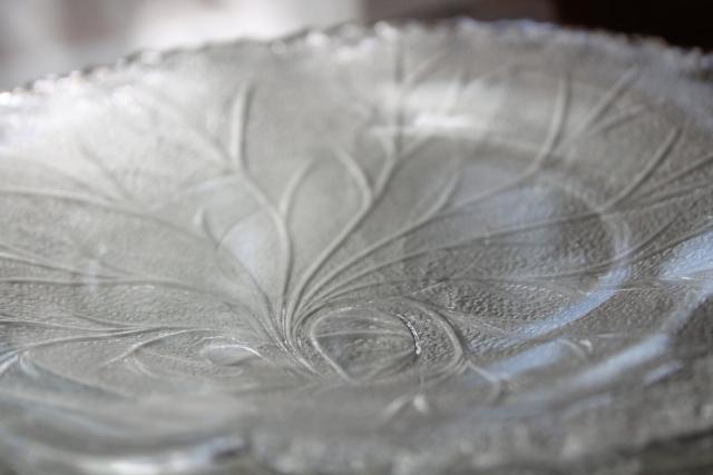 ice textured glass dishes, set of 8 salad plates vintage Indiana glass pebble leaf pattern