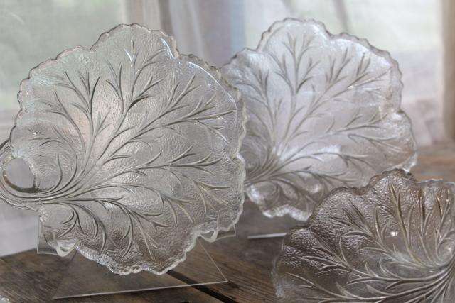 ice textured glass salad plates & bowls, vintage Indiana glass pebble leaf pattern