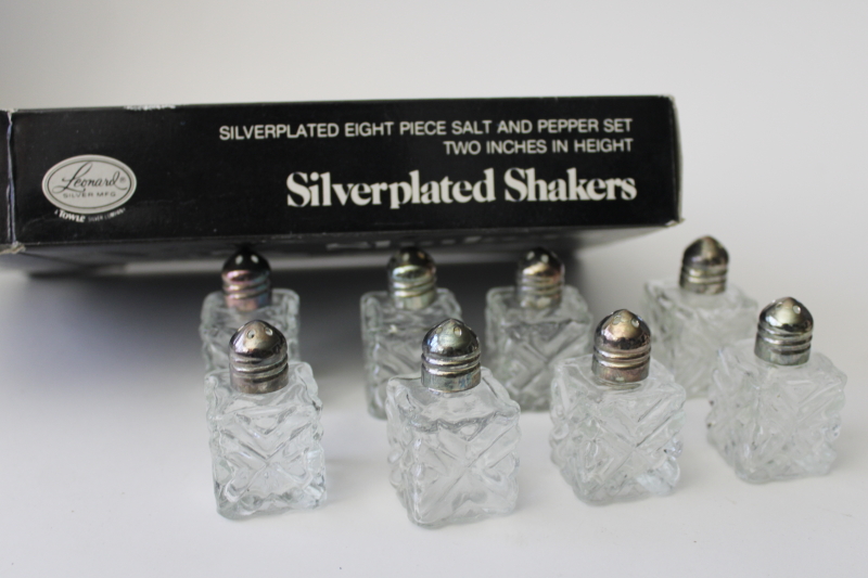 individual mini salt  pepper shakers, four S&P sets glass w/ silver plate lids