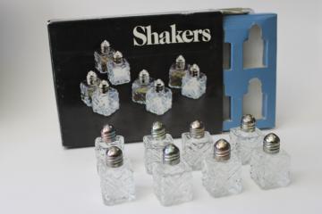 individual mini salt  pepper shakers, four S&P sets glass w/ silver plate lids