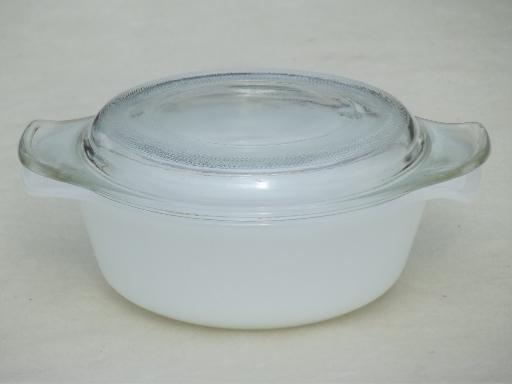 individual oven ware glass casseroles, Anchor Hocking Fire-King milk glass