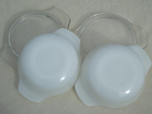 individual oven ware glass casseroles, Anchor Hocking Fire-King milk glass