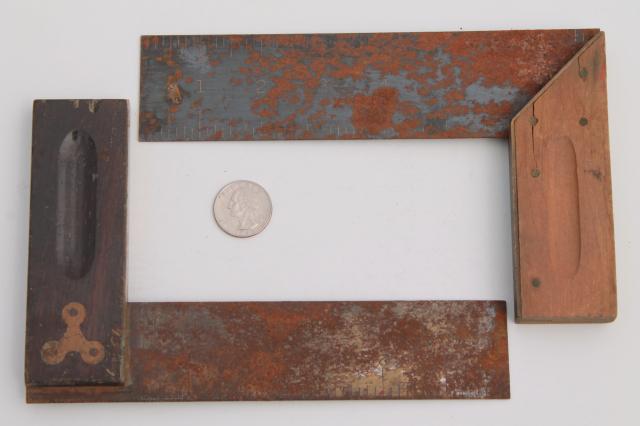 industrial vintage  wood & steel squares, lot of 6 woodworking squares layout tools