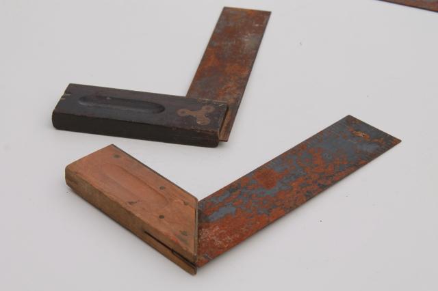 industrial vintage  wood & steel squares, lot of 6 woodworking squares layout tools