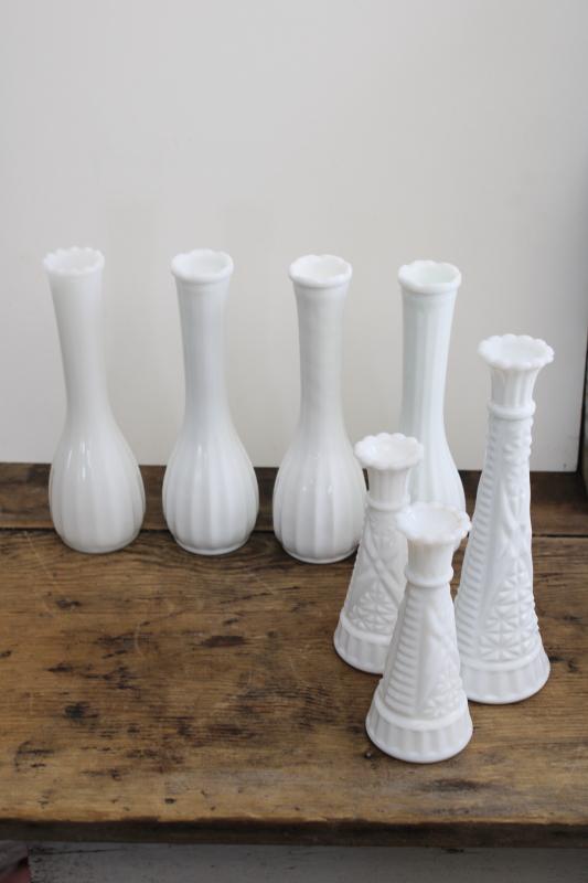 instant collection of vintage milk glass bud vases, florists vase lot