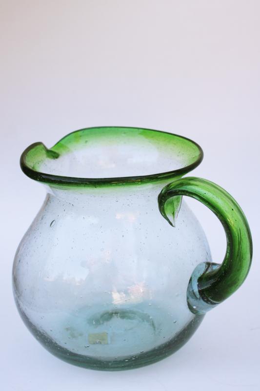 intage Mexican hand blown pitcher, recycled glass w/ tequila green trim